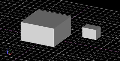 CAD操作画面です。2つの直方体を用意しました。